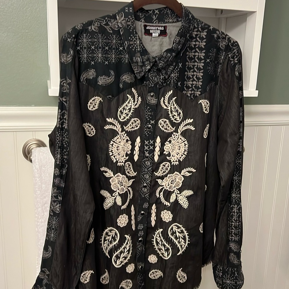 Johnny Was Western Style Shirt Black Sz M EUC